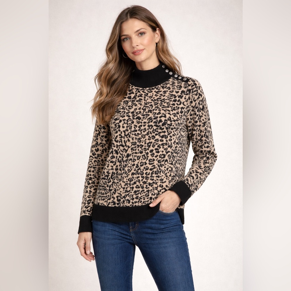 Calvin Klein Womens Leopard Print Mock‎ Neck Button Shoulder Sweater M